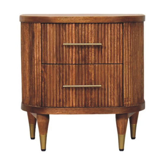 Warner Amber Oak Mango Wood Nightstand – 21.7" Ribbed 2-Drawer Bedside Table with Brass Accents