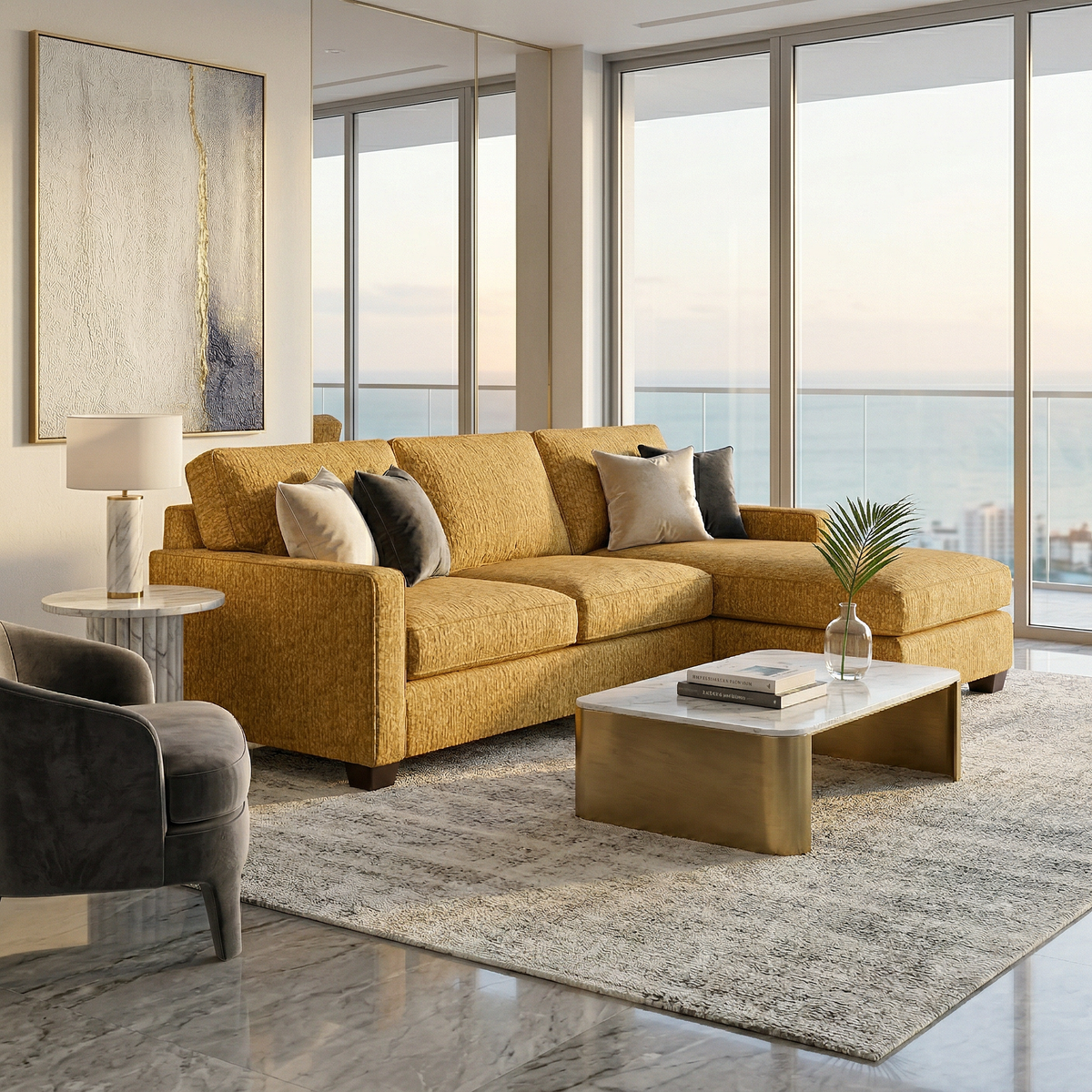 Clifford L-Shaped Sectional Sofa – Made in USA, 9 Fabric Options - Hepburn Chai Tea Yellow Fabric (12)
