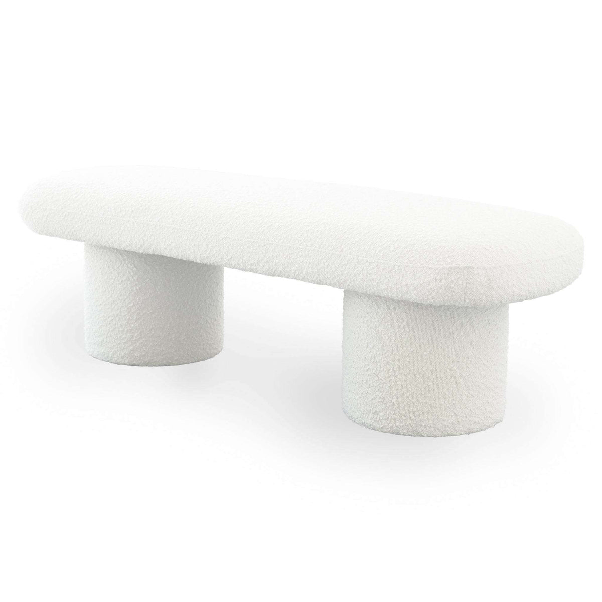 Randolph Ivory Boucle Bench 56' in modern living room with minimalist design and sleek cylindrical legs.