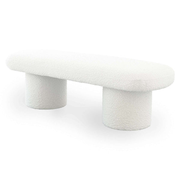 Randolph Ivory Boucle Bench 56' in modern living room with minimalist design and sleek cylindrical legs.