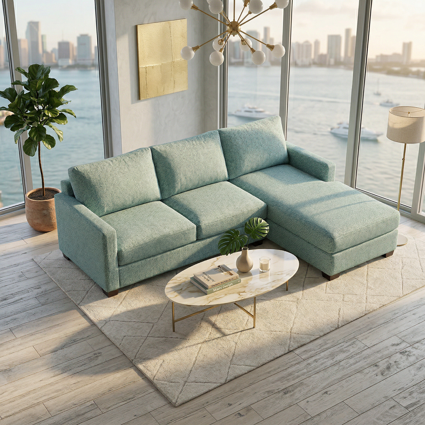 Damon L-Shaped Sectional Sofa – 120" Chaise Sectional in Fabric & Velvet - Leslie Robins Egg - Fabric (3)