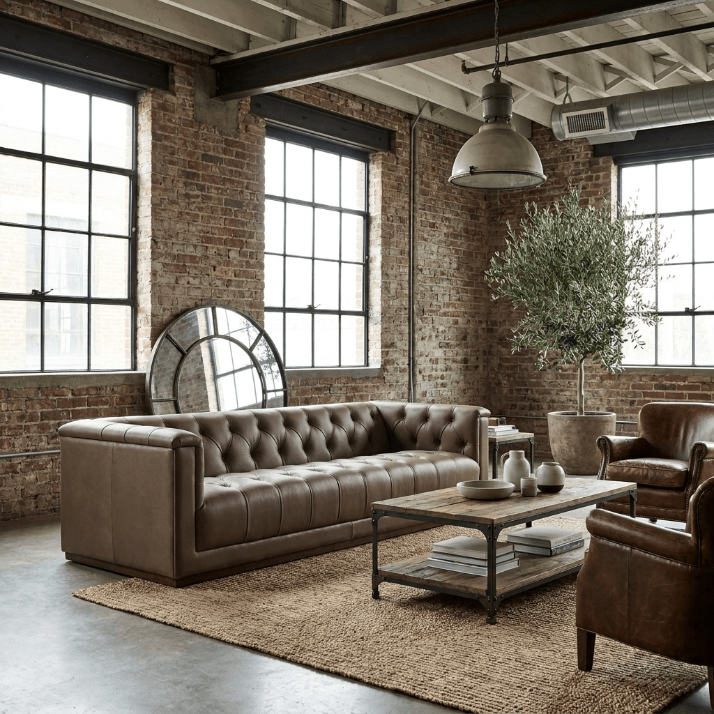 83.5" Cool Brown Top Grain Leather Sofa | Modern Rectilinear 3-Seater Sofa in a stylish urban living space.