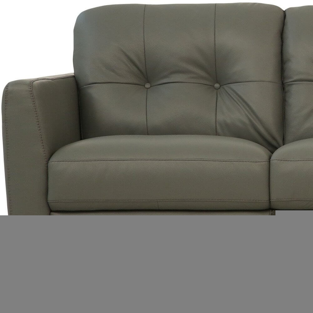 83" Green Leather Sofa With Black Legs featuring soft leather upholstery and modern button-tufted design.