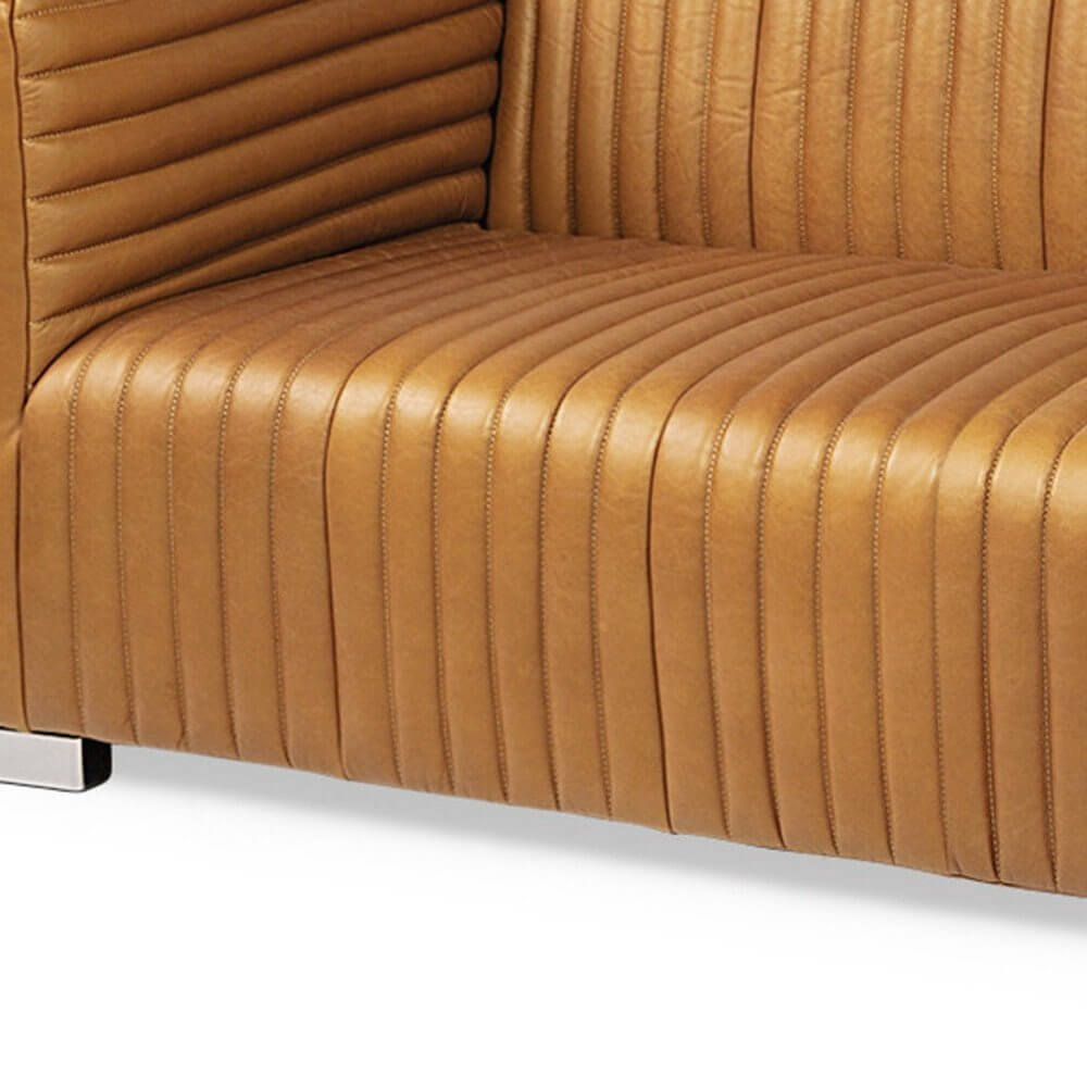 83" Leather Sofa with Solid Wood Frame | Modern Leather Couch (Brn or Blk) - close-up of the luxurious tan leather upholstery.
