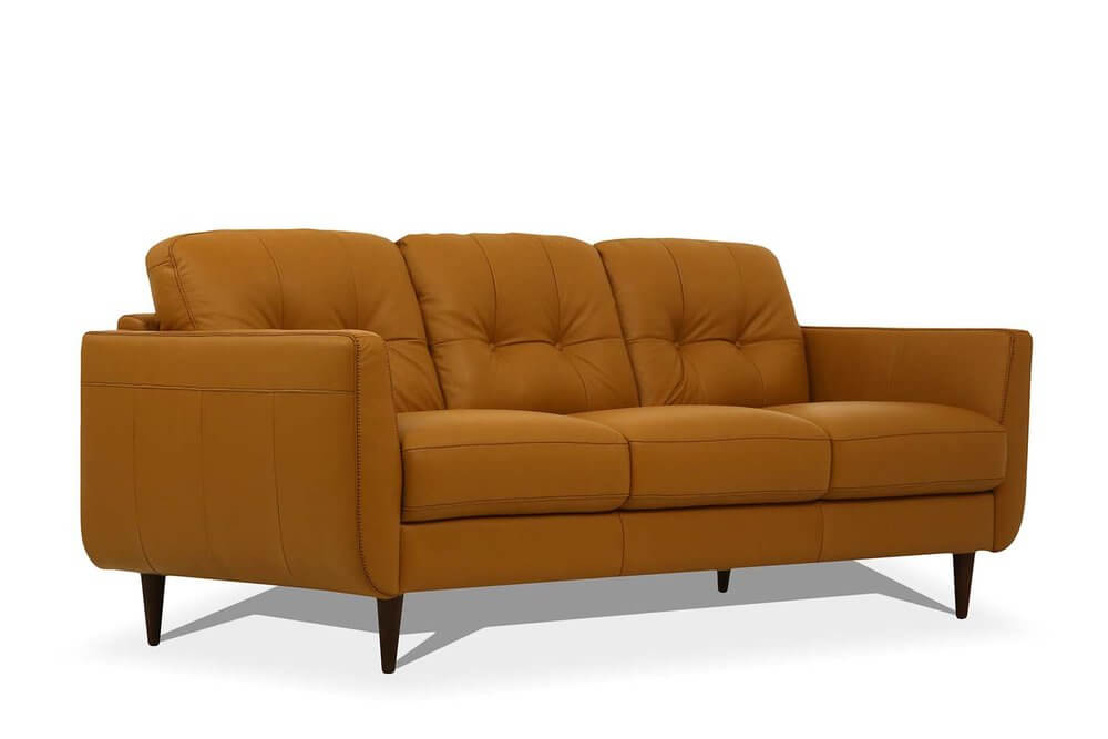 83" Orange Leather Sofa With Black Legs featuring a stylish design and comfortable seating.