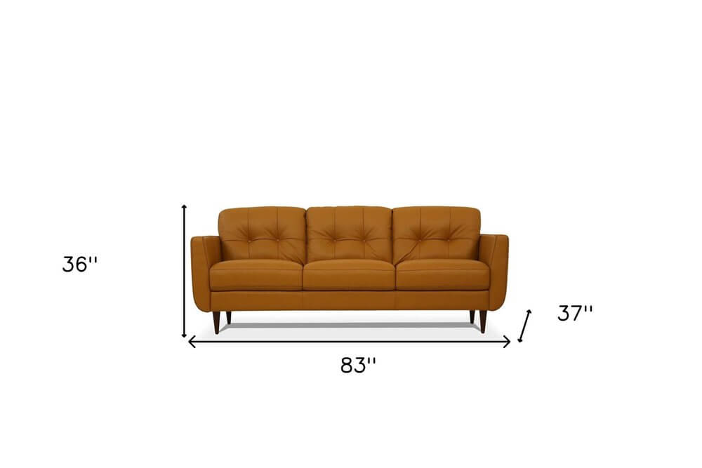 83" Orange Leather Sofa With Black Legs dimensions showcasing a stylish, buttery soft design perfect for any decor.
