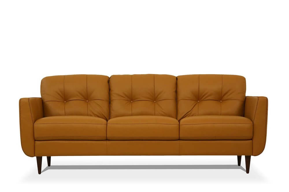 83" Orange Leather Sofa With Black Legs in high-grade leather, featuring plush cushions and stylish design.