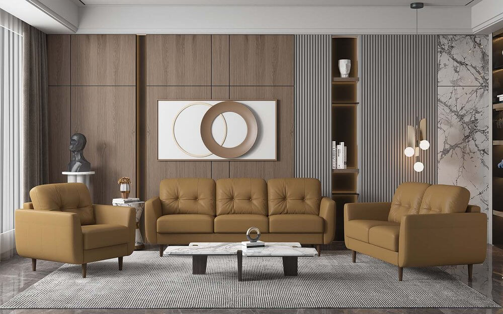 83" Orange Leather Sofa With Black Legs in modern living room setting with stylish decor.