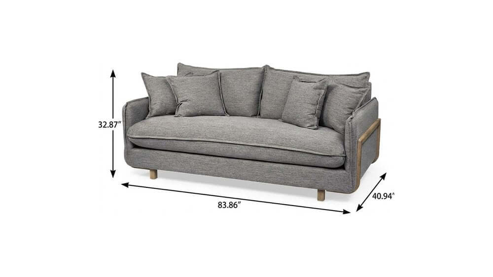 84" Gray Fabric Sofa With Brown Legs dimensions and design showcasing plush cushions and sturdy construction.