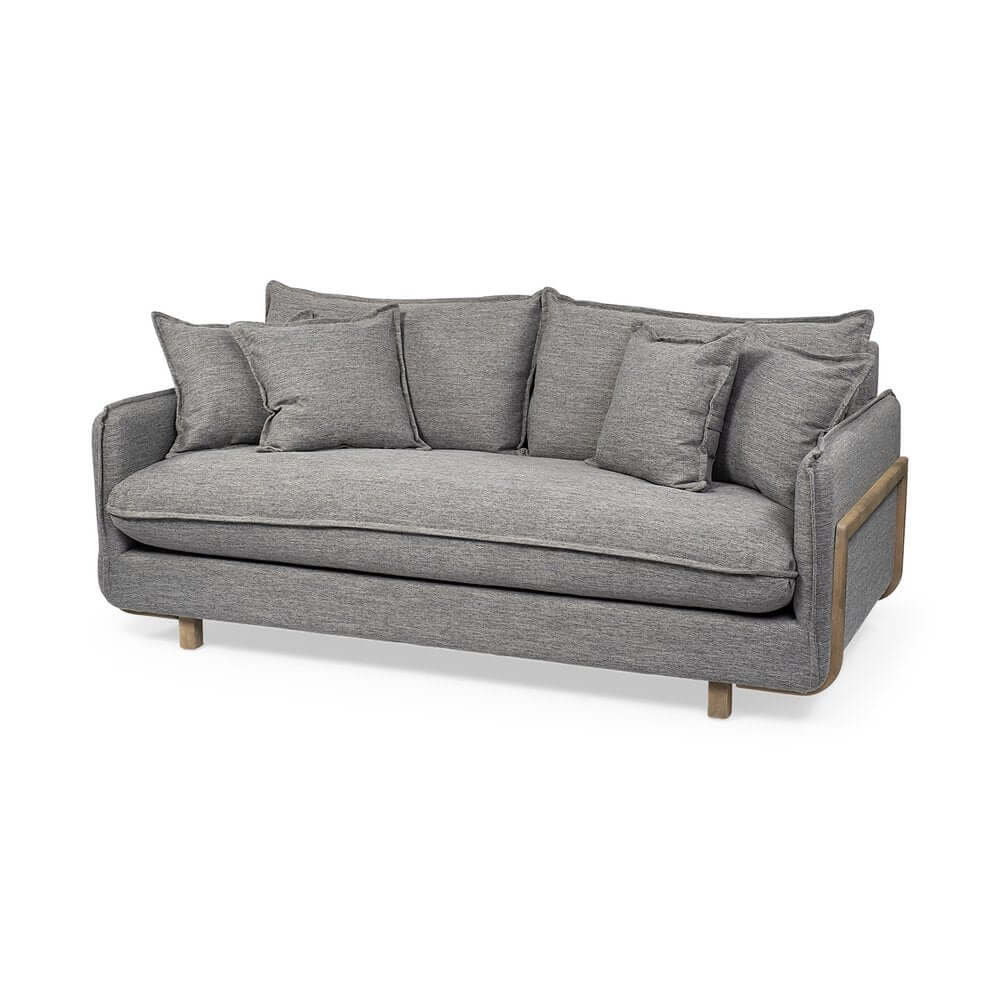 84" Gray Fabric Sofa With Brown Legs featuring plush cushions and elegant wooden legs.