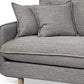 Close-up view of 84" Gray Fabric Sofa With Brown Legs, showcasing soft cushions and modern design.