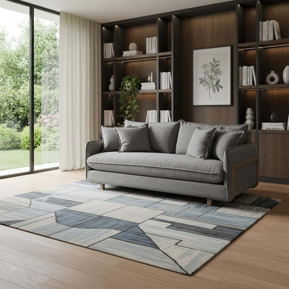84" Gray Fabric Sofa With Brown Legs in a stylish living room setting with modern decor and a patterned rug.