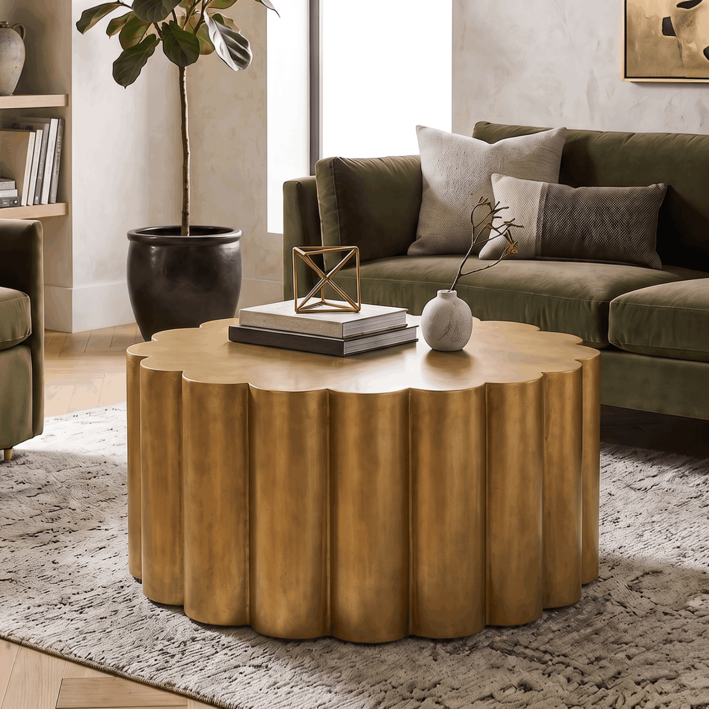 Keaton Gold Scalloped Aluminum Coffee Table – 28" Round Sculptural Drum Table
