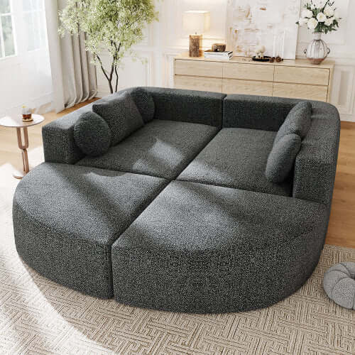 Boneless Boucle Modular Sectional Sofa 115” – Deep Seat Curved U-Shaped Foam Couch for 6