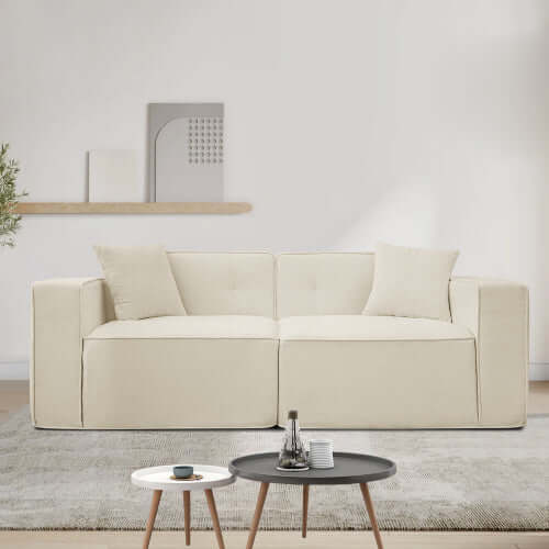 Modern low profile box arm memory foam sofa in beige color, showcasing sleek design and plush cushions for ultimate comfort.