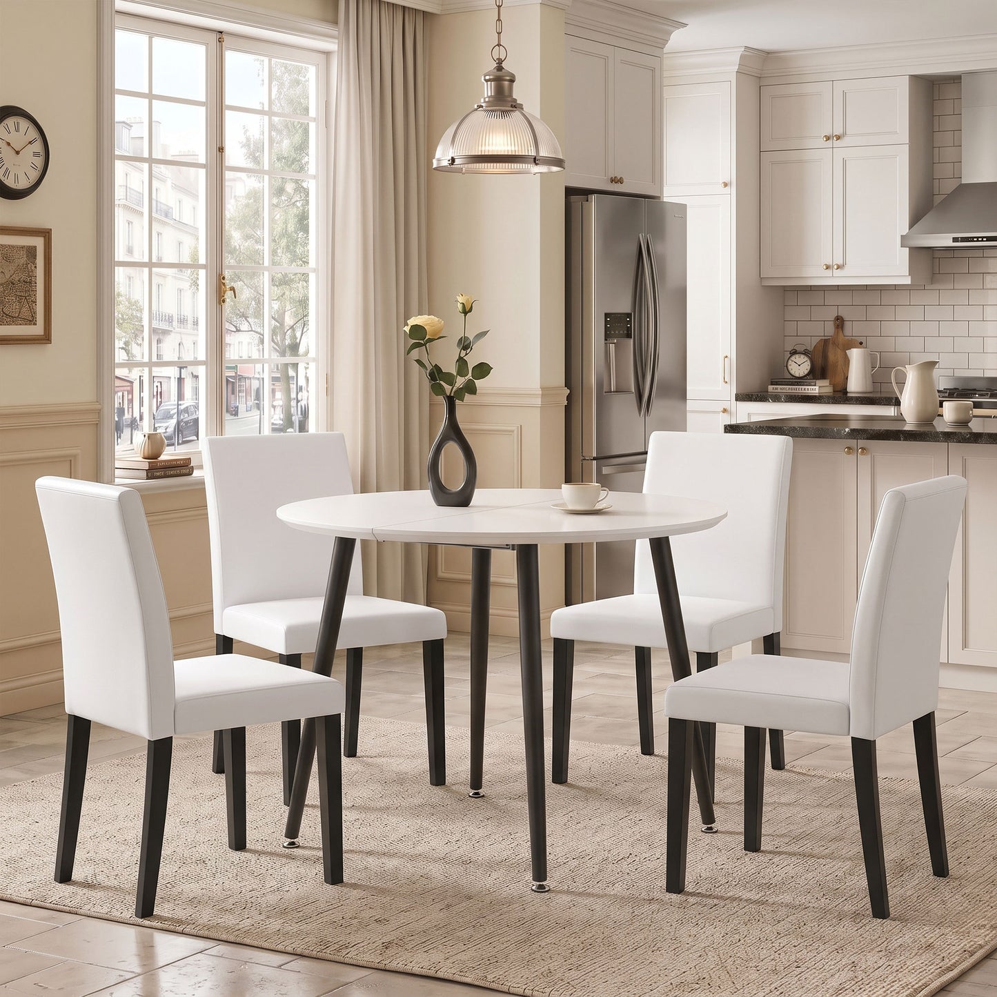 Tamsin White Extendable Round Dining Set – 5-Piece Table With 4 Mid-Century Chairs