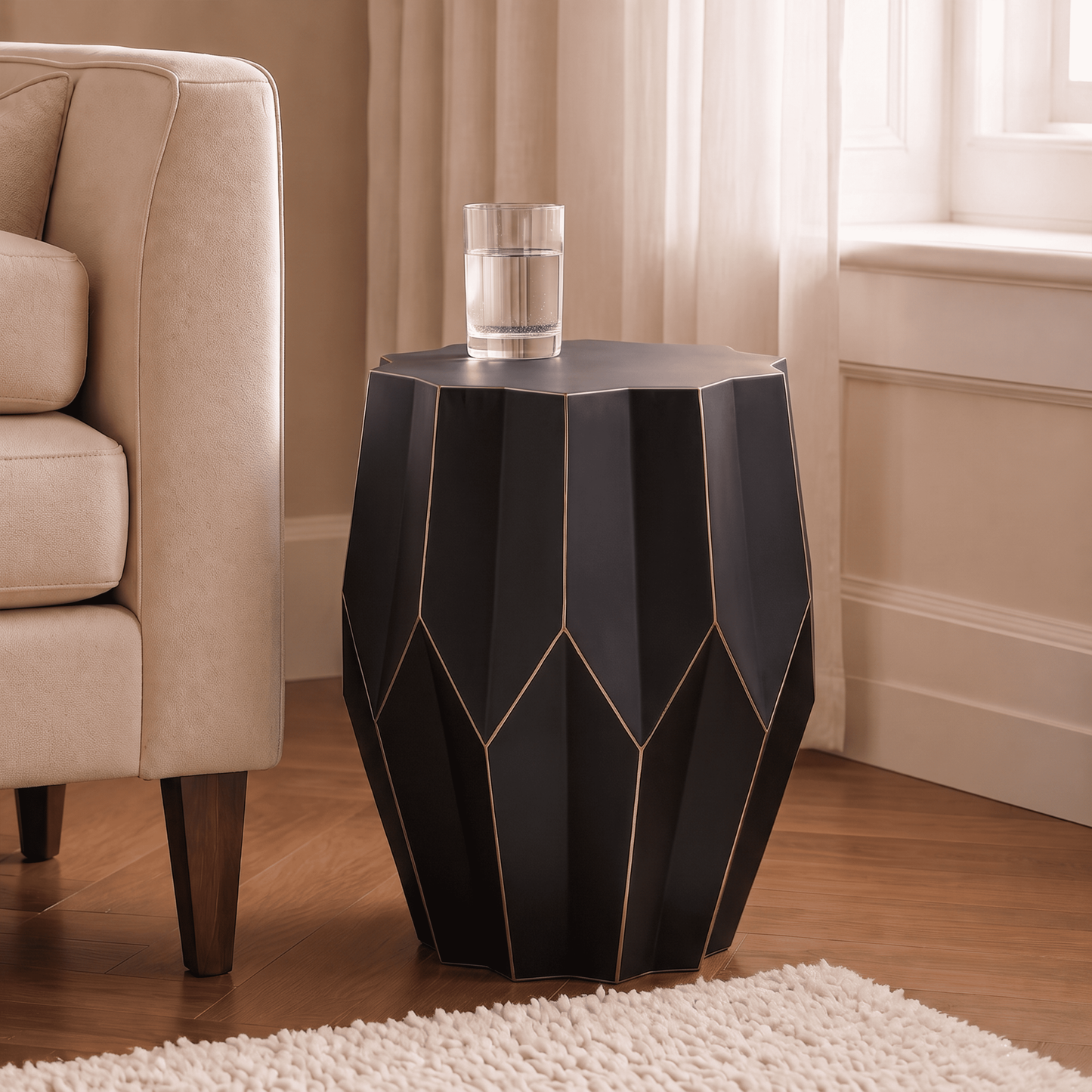 Aldous Black Aluminum Geometric End Table – 16" Faceted Side Table with Gold-Tone Edges