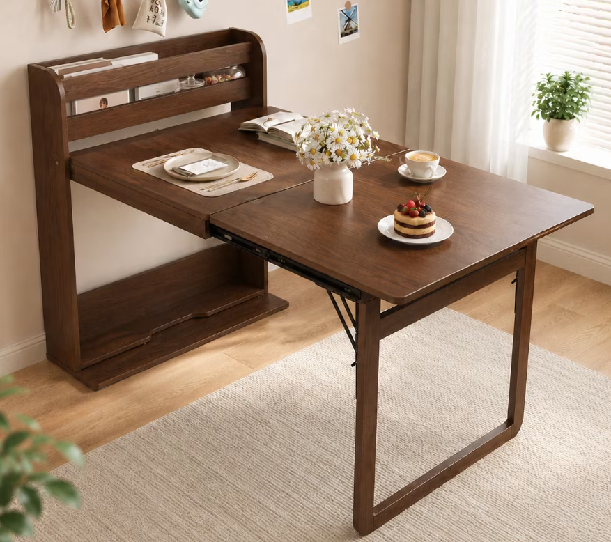 Peyton Walnut Wall-Side Murphy Dining Table – 62" Folding Table with Shelf Storage