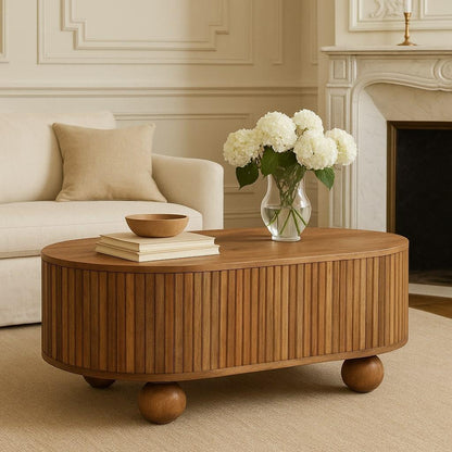 Soba Light Oak Mango Wood Coffee Table – 32.3" Oval Lift-Lid Storage Coffee Table with Ball Feet