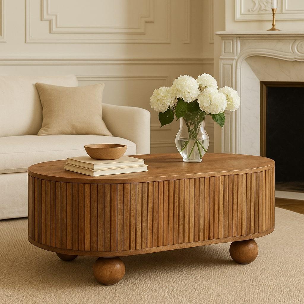 Soba Light Oak Mango Wood Coffee Table – 32.3" Oval Lift-Lid Storage Coffee Table with Ball Feet