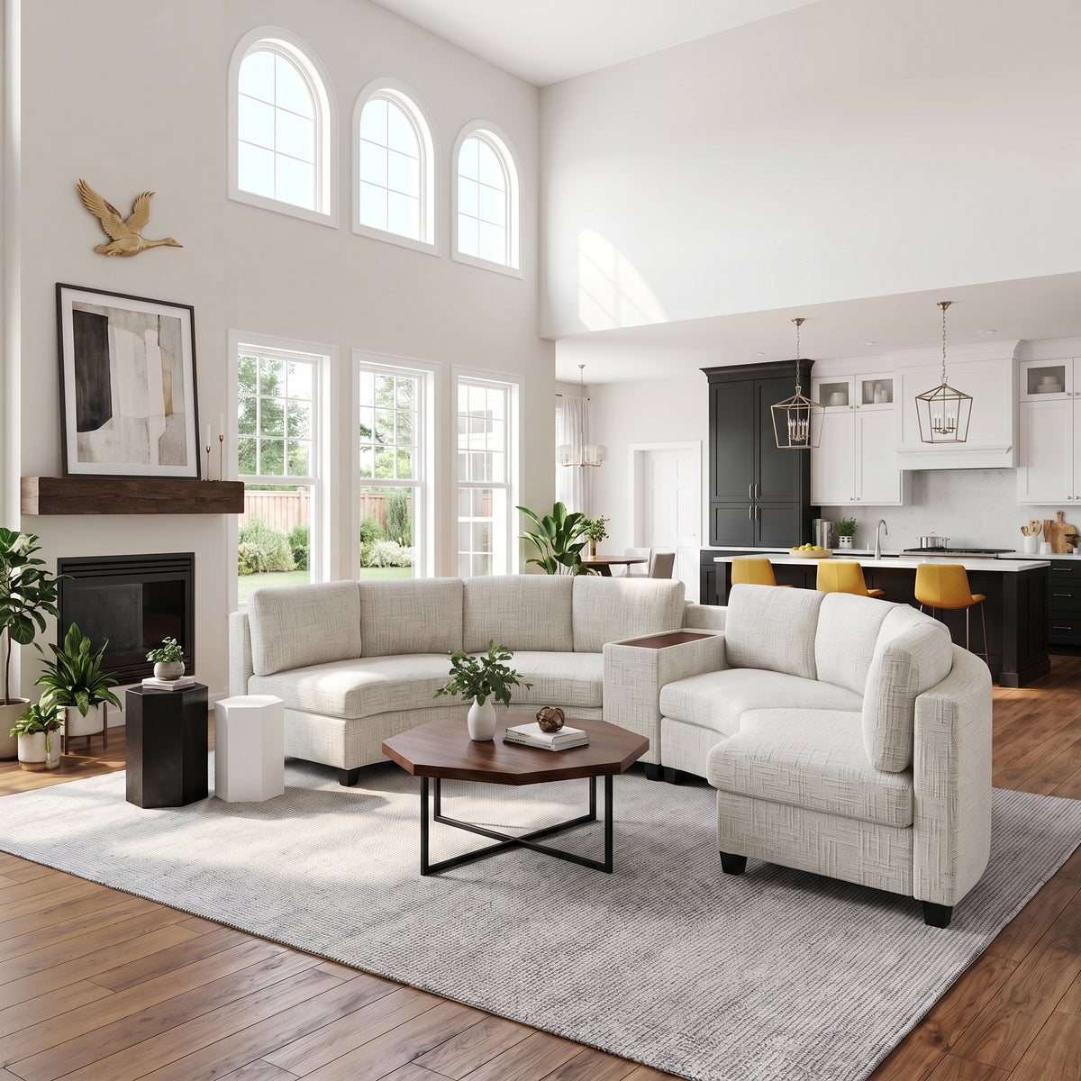 Faelan Curved Chenille Modular Sectional Sofa – 4-Seat Console Sofa with USB & Wireless Charging, 2 Colors - Beige (3)