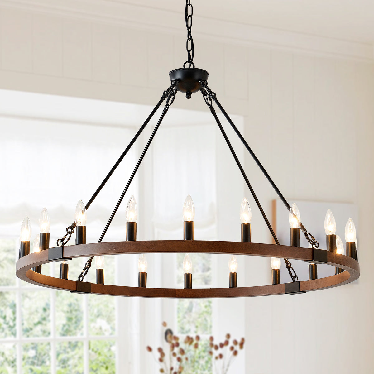 39.3 INCH Wood Wagon Wheel Chandelier Modern Farmhouse Pendant Light 20-Light Ceiling Hanging Lighting Fixtures Dining Room Kitchen Island Foyer, Wood + Matte Black