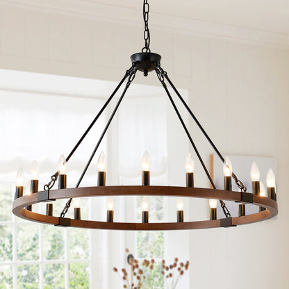 39.3 INCH Wood Wagon Wheel Chandelier Modern Farmhouse Pendant Light 20-Light Ceiling Hanging Lighting Fixtures Dining Room Kitchen Island Foyer, Wood + Matte Black