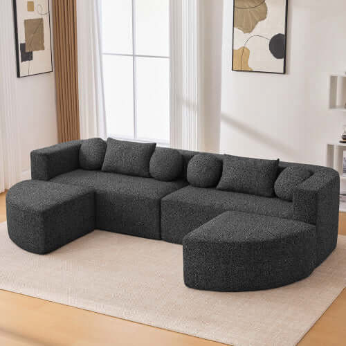 Boneless Boucle Modular Sectional Sofa 115” – Deep Seat Curved U-Shaped Foam Couch for 6