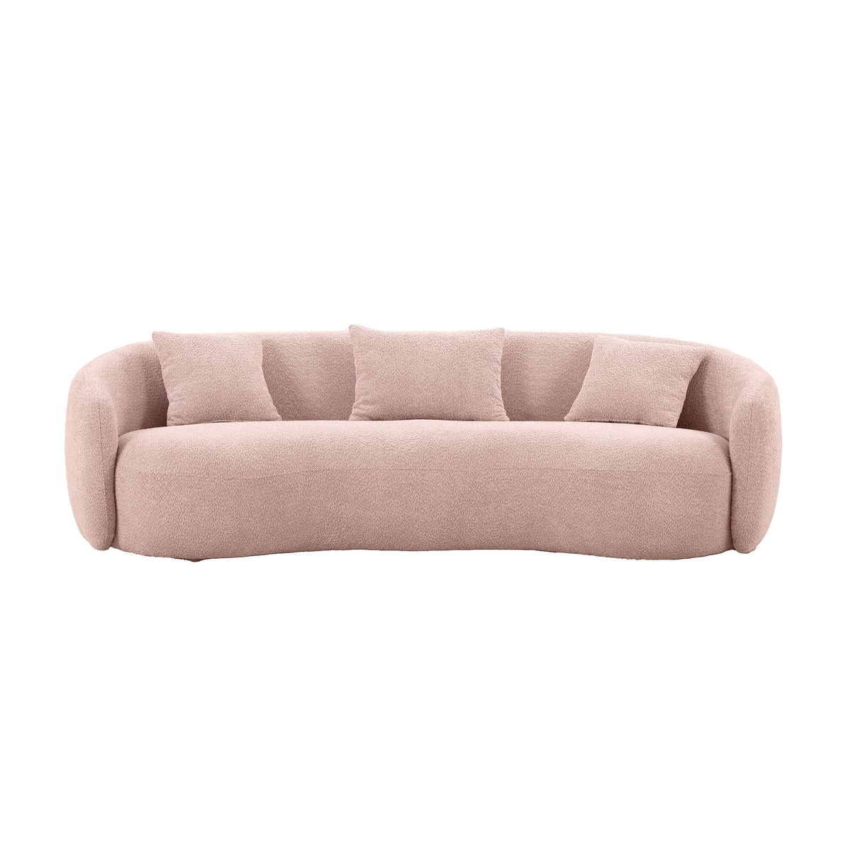 Modern Boucle Curved Sofa 94" – Sculptural 3-Seater Upholstered Couch (4 Colors) in soft pink boucle upholstery.