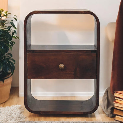 Ramsey California Walnut Mango Wood Nightstand – 15.7" 1-Drawer Nightstand with 2 Open Slots