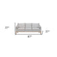 87" Gray Leather Sofa And Toss Pillows With Brown Legs dimensions shown in image with measurements.