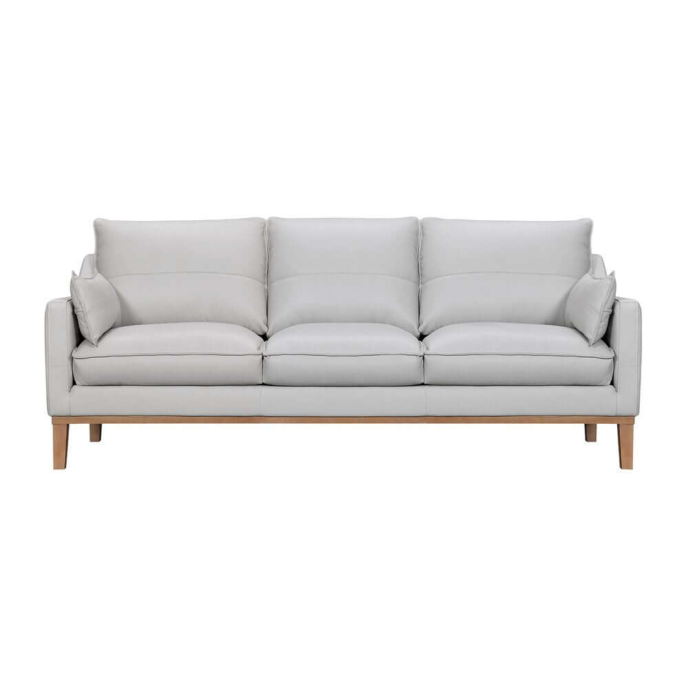 87" Gray Leather Sofa And Toss Pillows With Brown Legs featuring soft leather and elegant design.