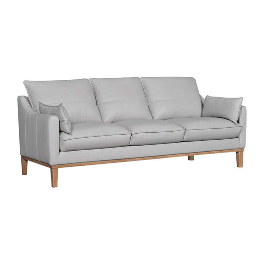 87" Gray Leather Sofa And Toss Pillows With Brown Legs on a white background, showcasing soft leather and elegant design.
