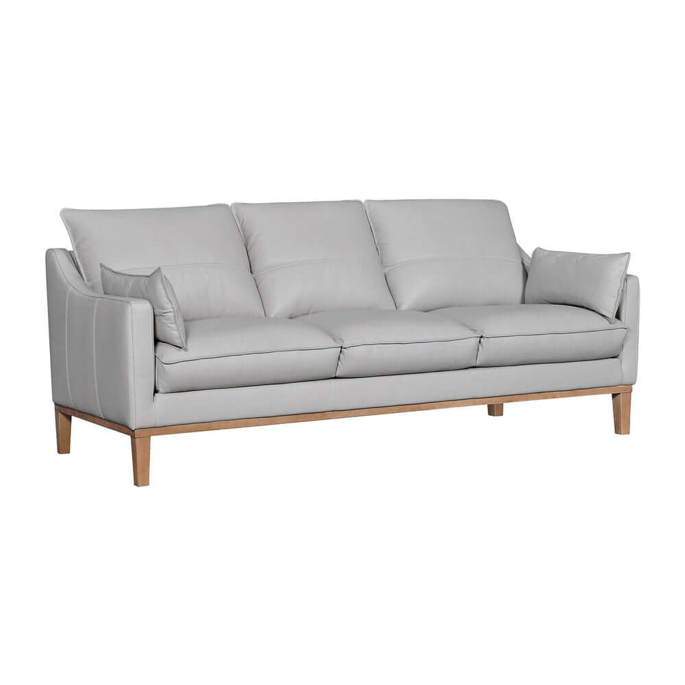87" Gray Leather Sofa And Toss Pillows With Brown Legs on a white background, showcasing soft leather and elegant design.