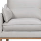 87" Gray Leather Sofa And Toss Pillows With Brown Legs close-up of soft leather cushion and pillow