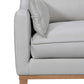 87" Gray Leather Sofa And Toss Pillows With Brown Legs side view showcasing soft leather and modern design