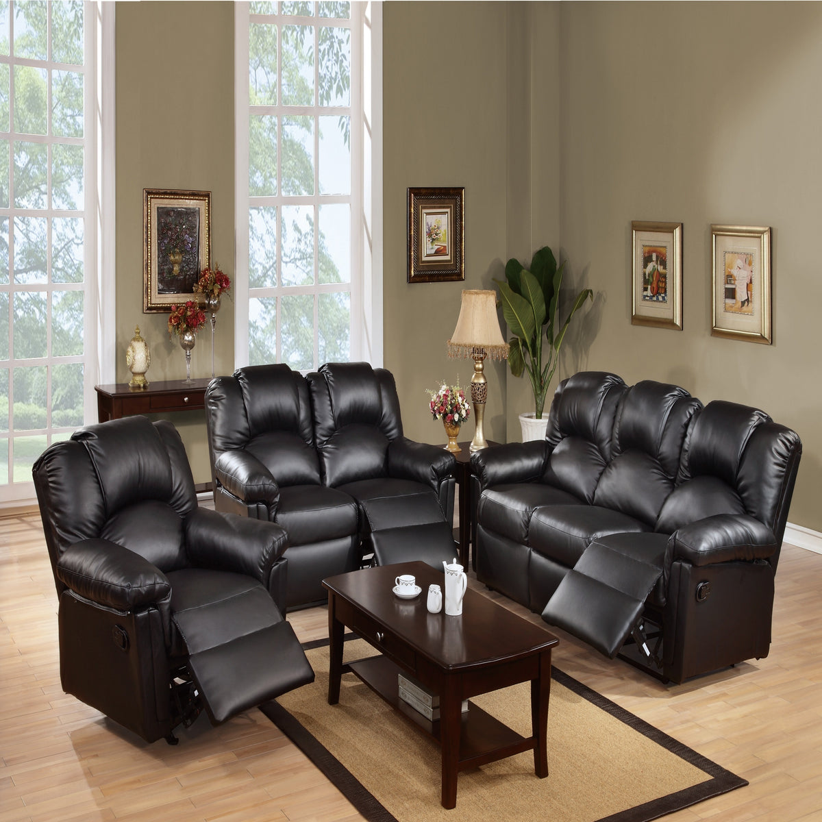 Brennan Black Bonded Leather Reclining Sofa & Loveseat Set