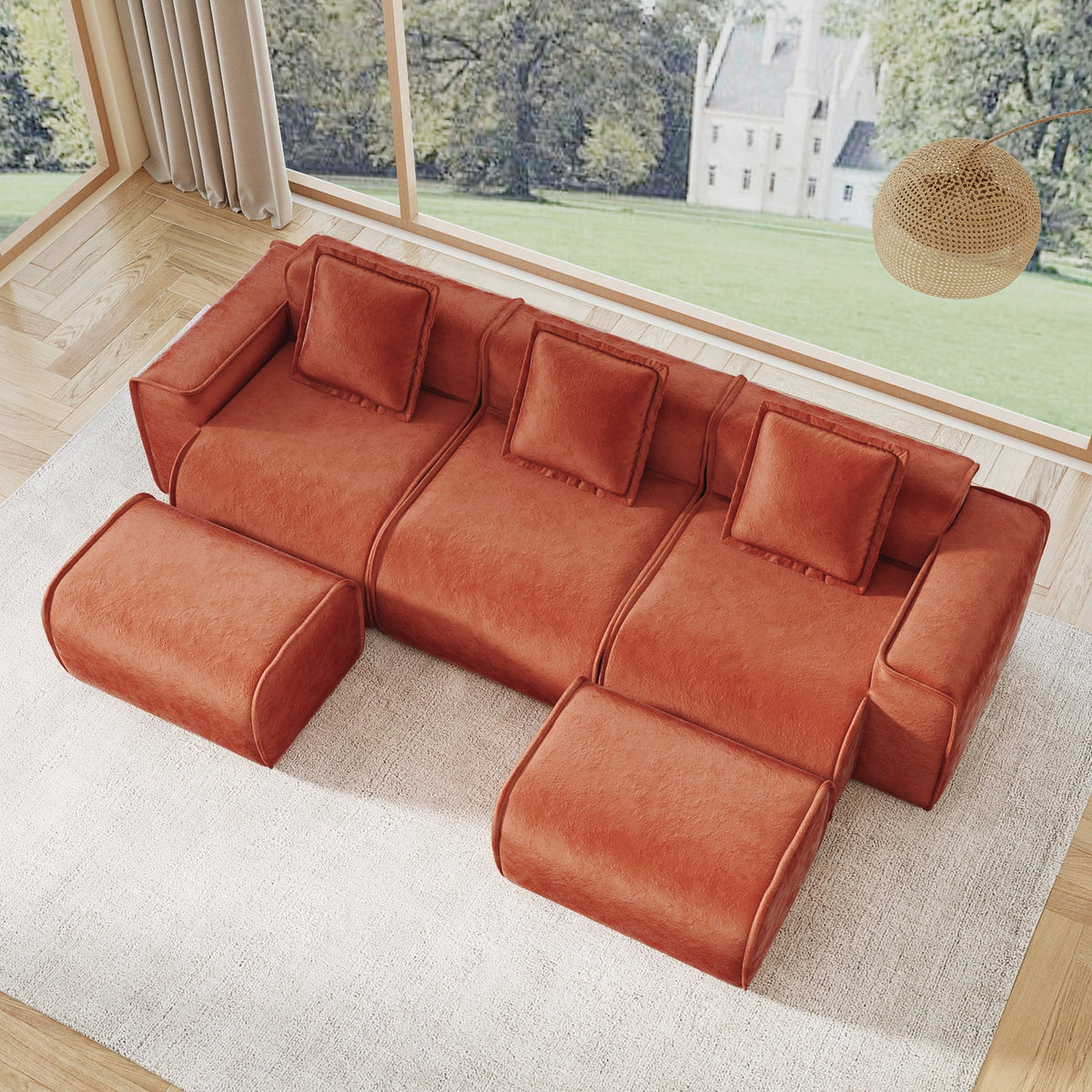 Brisa Velvet Modular Sectional in Red, 3-Seat U-Shape