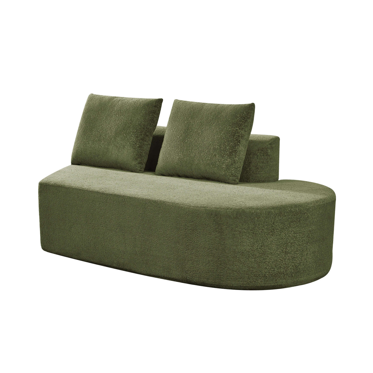 Modern Low Profile Modular Curved Foam Sofa 116' (4 Colors) in olive green upholstery with two soft back cushions.