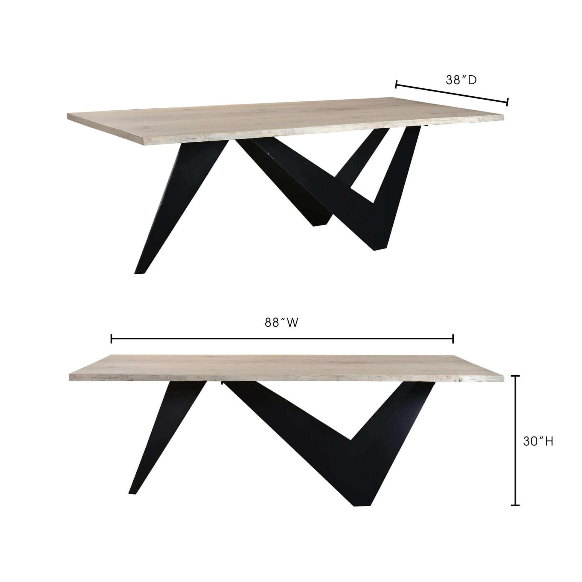 88" Bird Live Edge Oak Dining Table with Sculptural Iron Base – Seats 6, showcasing dimensions and modern design.