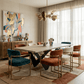 88" Bird Live Edge Oak Dining Table with Sculptural Iron Base – Seats 6 in a modern dining room setting.