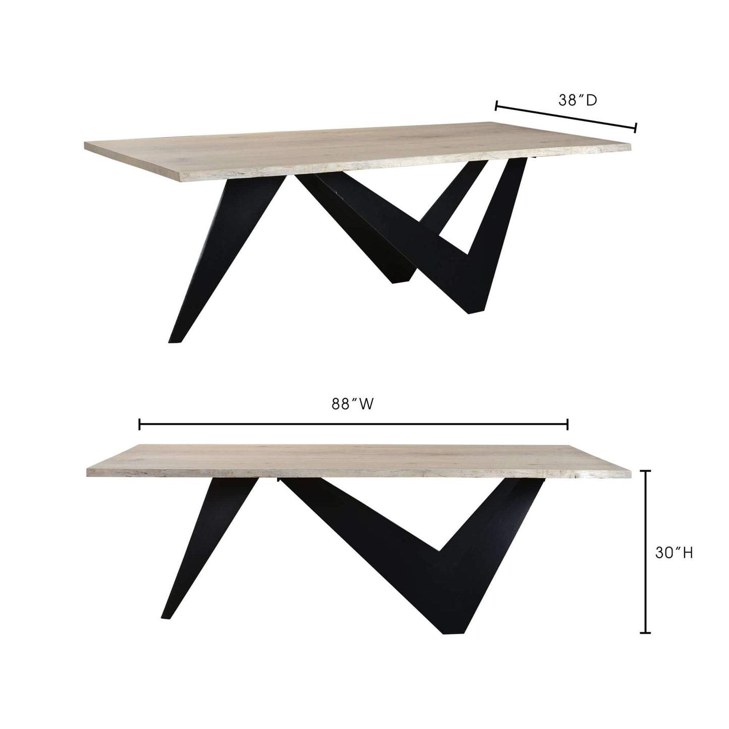 88" Bird Live Edge Oak Dining Table with Sculptural Iron Base – Seats 6, showcasing dimensions and modern design.