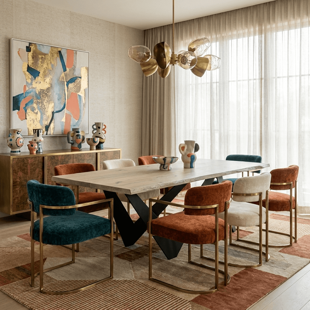 88" Bird Live Edge Oak Dining Table with Sculptural Iron Base – Seats 6 in a modern dining room setting.