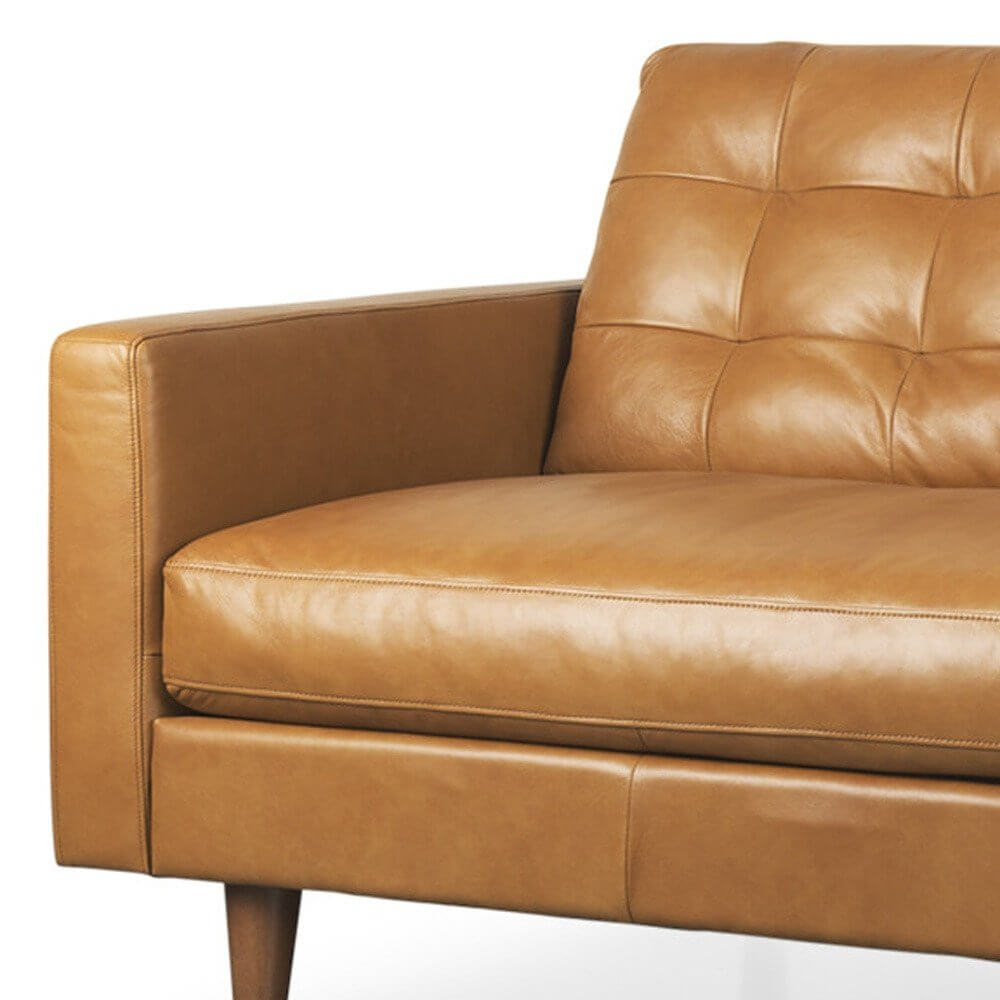 88" Brown Leather Sofa | Modern Leather Couch with Solid Wood Legs close-up showcasing the luxurious leather and modern design.