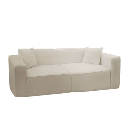 Modern low profile box arm memory foam sofa in light beige, offering ergonomic comfort and stylish design.