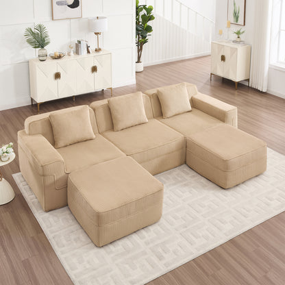 Modular 3 Seat U Shape Sectional Boneless Sofa, s, Corduroy Fabric Camel