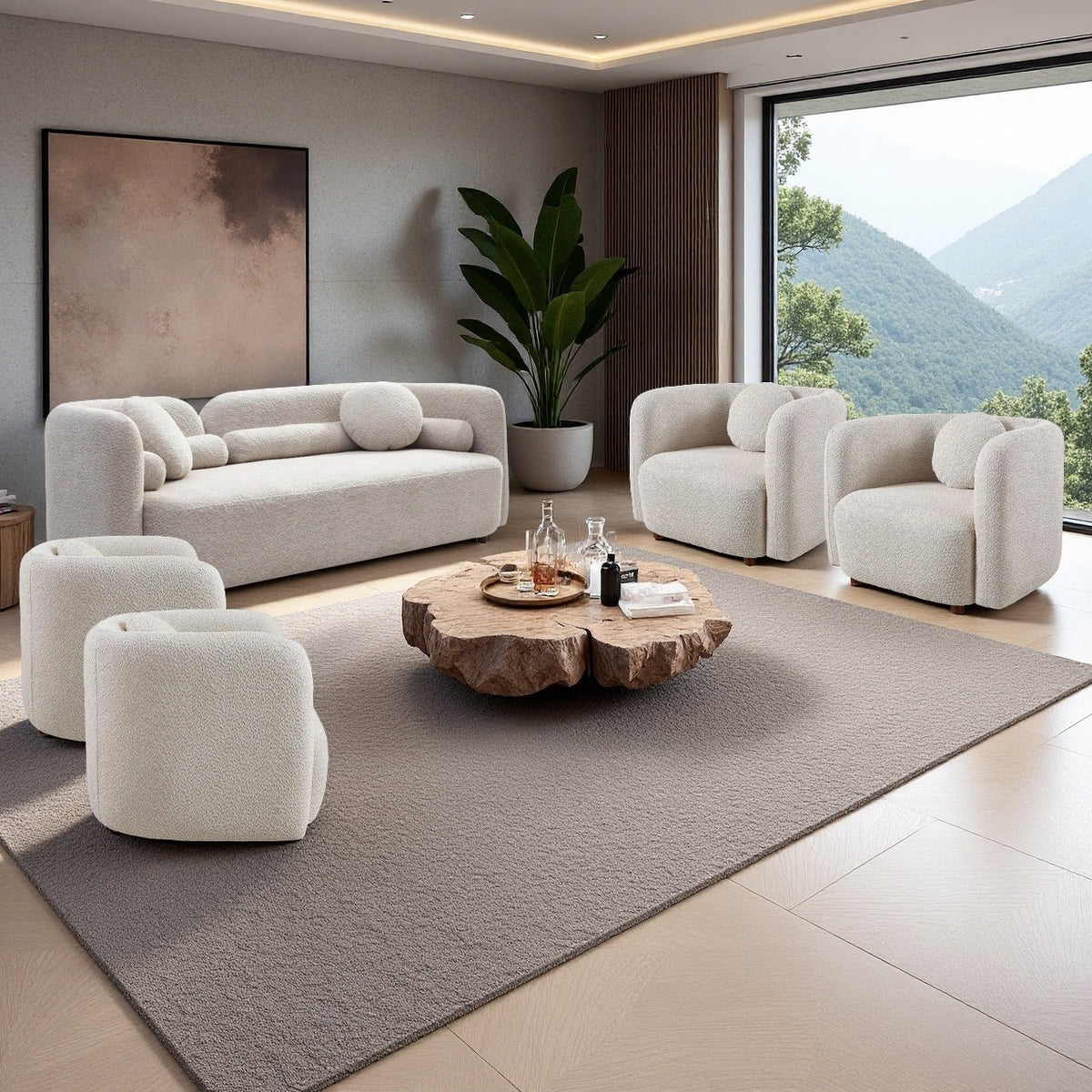 Gethin Boucle Sofa Set in Light Beige, Sofa + 4 Square Chairs
