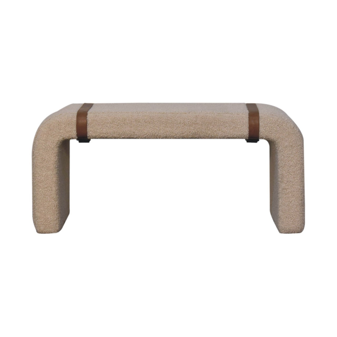 Brandt Boucle & Leather Strap Solid Wood Bench – 35.4" Mid-Century Bench