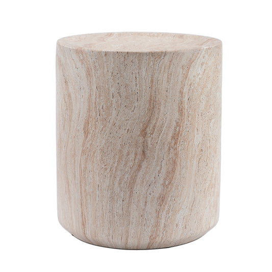 Tall Cylindrical Accent Coffee Table in Beige & Yellow with Faux Travertine Finish, Magnesium Oxide Construction