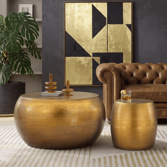 Burnham Gold Aluminum Coffee Table & End Table Set – 32" Round 2-Piece Modern Table Set